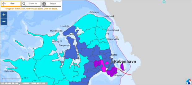 哥本哈根大区水硬度分布图。数据来源：http://data.geus.dk/geusmap/?mapname=drikkevand